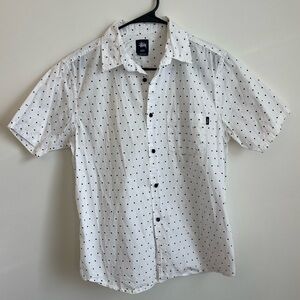 Stüssy white and black polka dot short-sleeve button-up shirt Y2K cotton med men